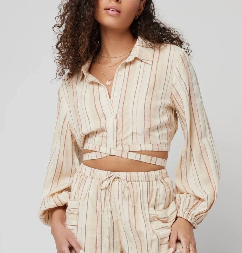 L Space Womens XL Beige Stripe Long Sleeve Play It Cool Tie Waist Crop Top NWT